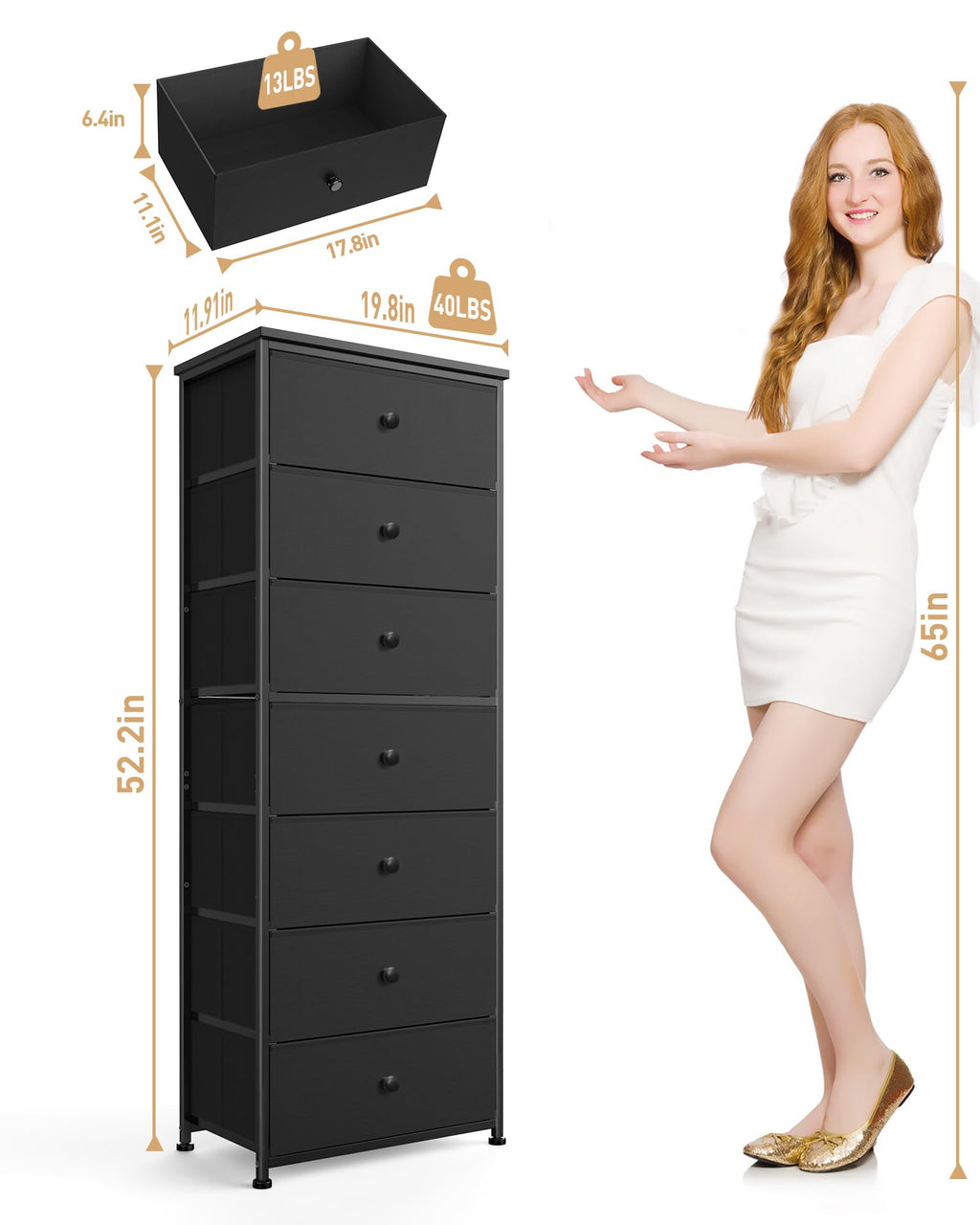 Tall Fabric 7 Drawer Dresser with Steel Frame Wood Top E2364