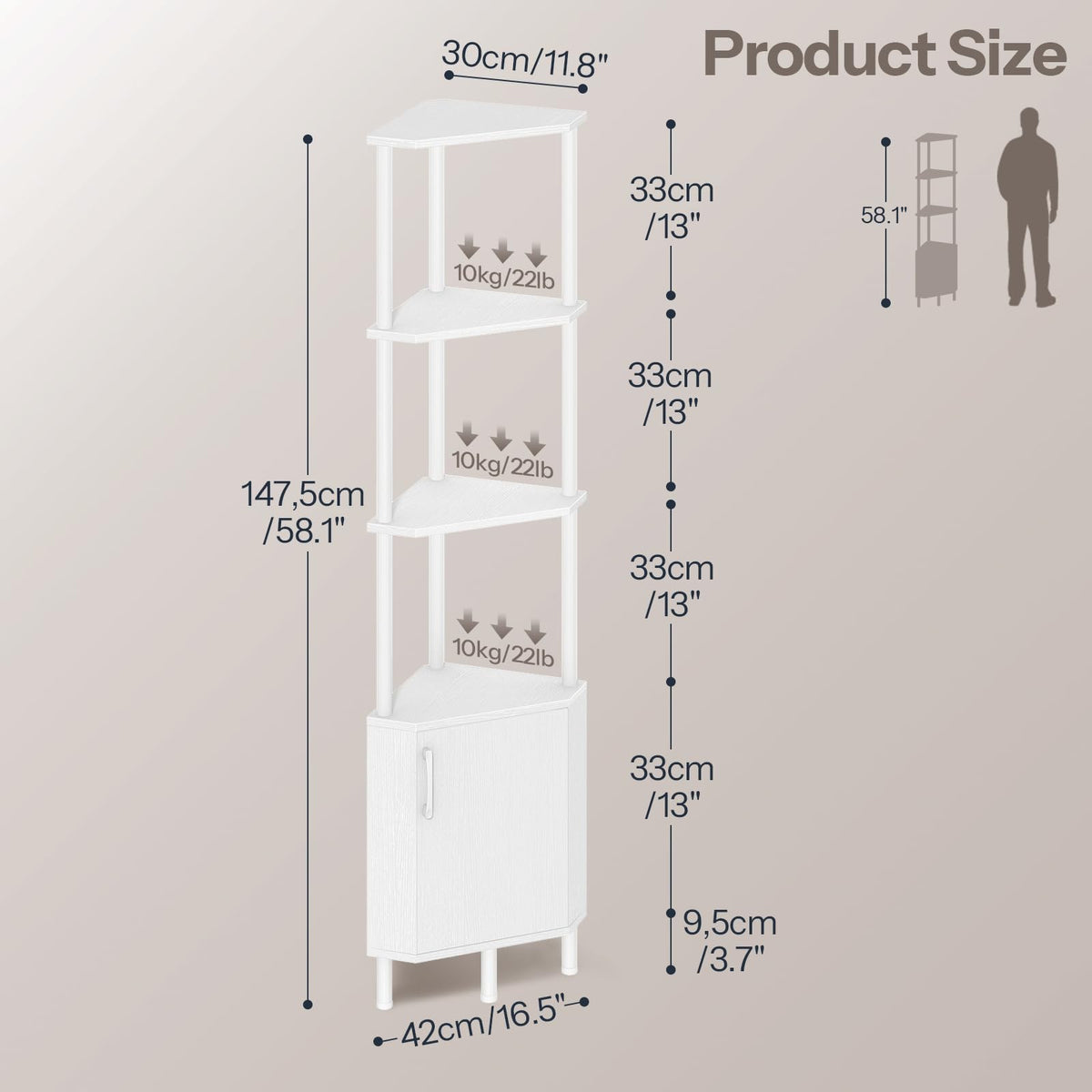White 5-Tier Corner Cabinet with Doors T415