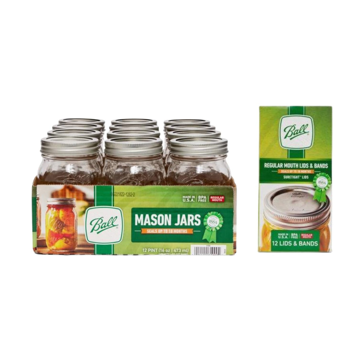 Regular Mouth Glass Mason Jars with Lids and Bands, 12 Pint Size 16 Ounce I7660
