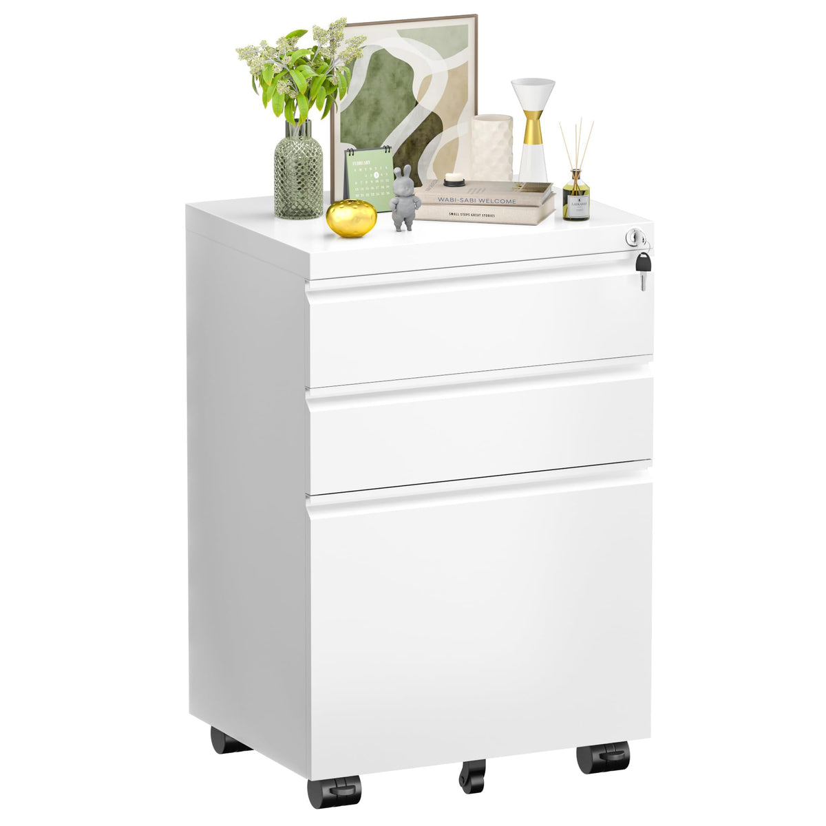 Fully Assembled 3 Drawer White Metal Rolling File Cabinet with Lock N74222