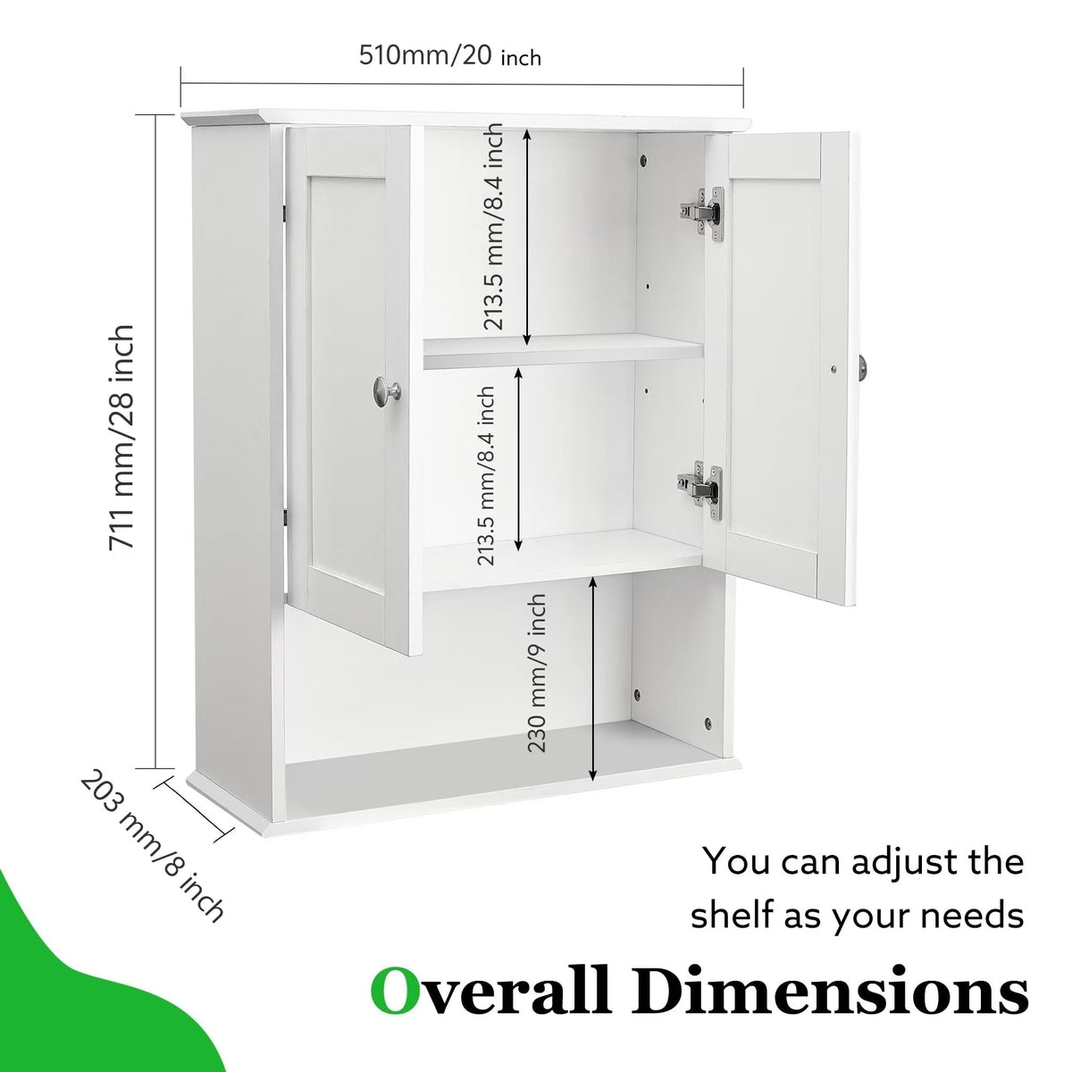 White 20x28 Inch Wall Mounted Bathroom Cabinet with Adjustable Shelf A69829
