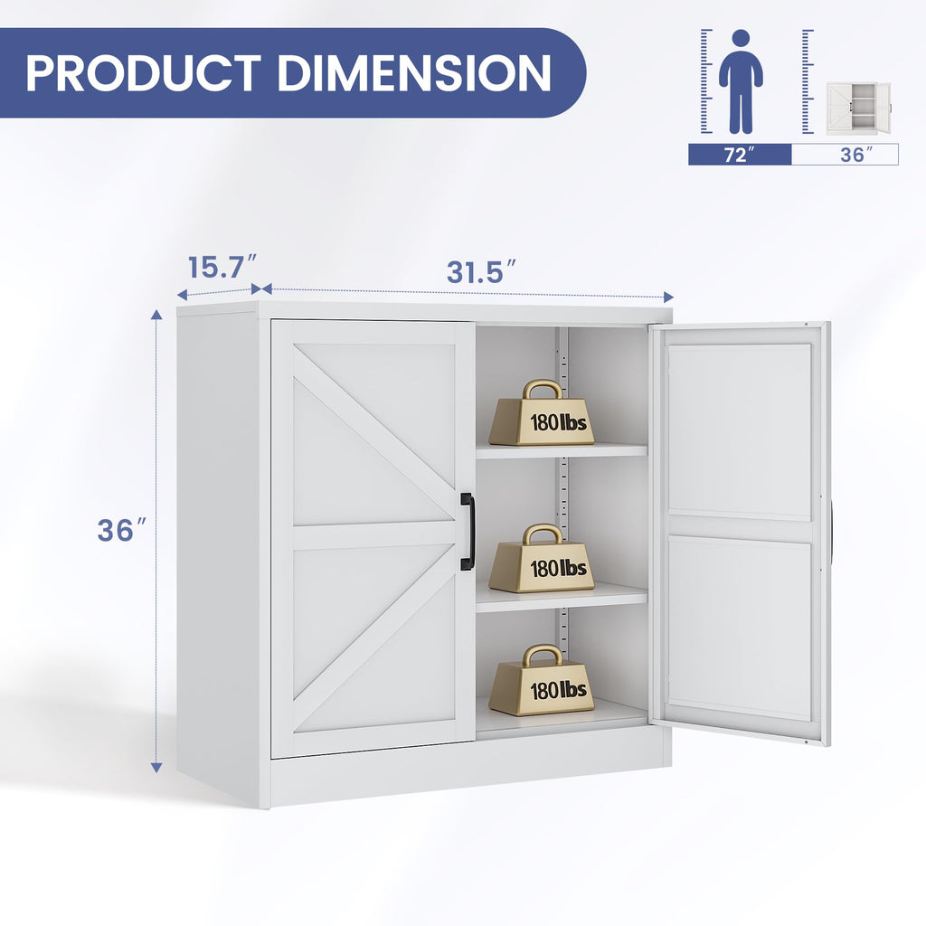 White 36" Metal Storage Cabinet with Doors and 2 Adjustable Shelves Y48380