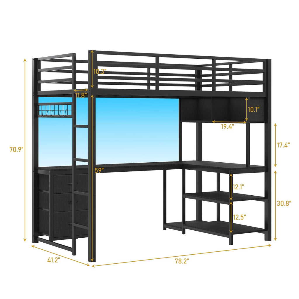Twin Loft Bed with L-Shaped Desk and LED Lights O104