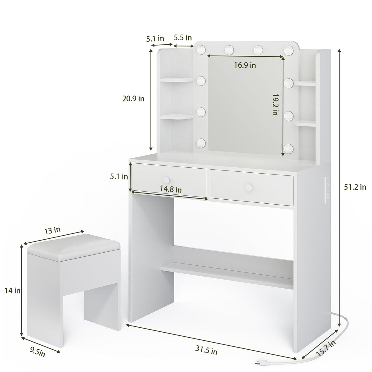 White Vanity Desk with Lighted Mirror and Chair Z534
