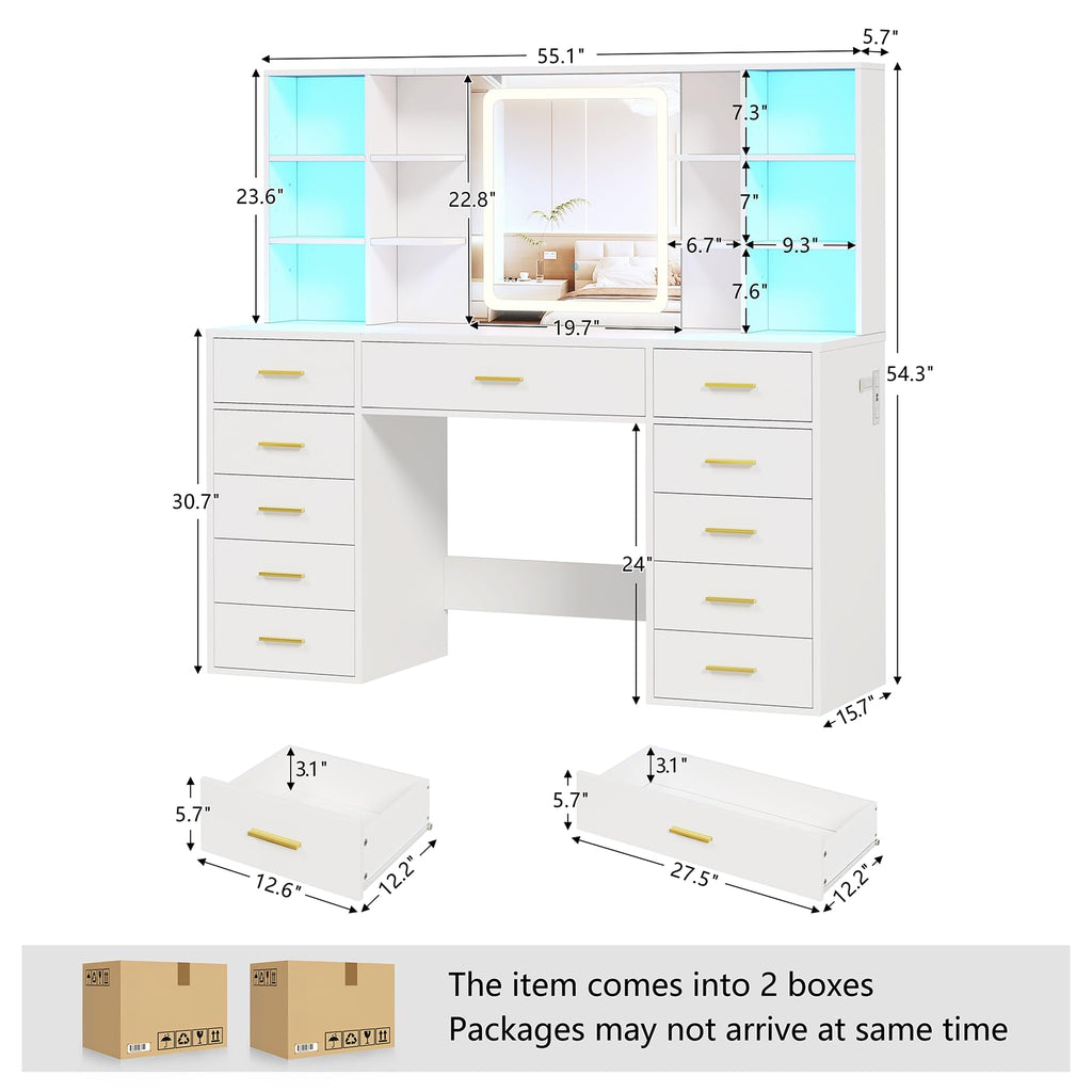 55" Extra-Wide White Makeup Vanity Desk with Lighted Mirror & 11 Drawers X7441