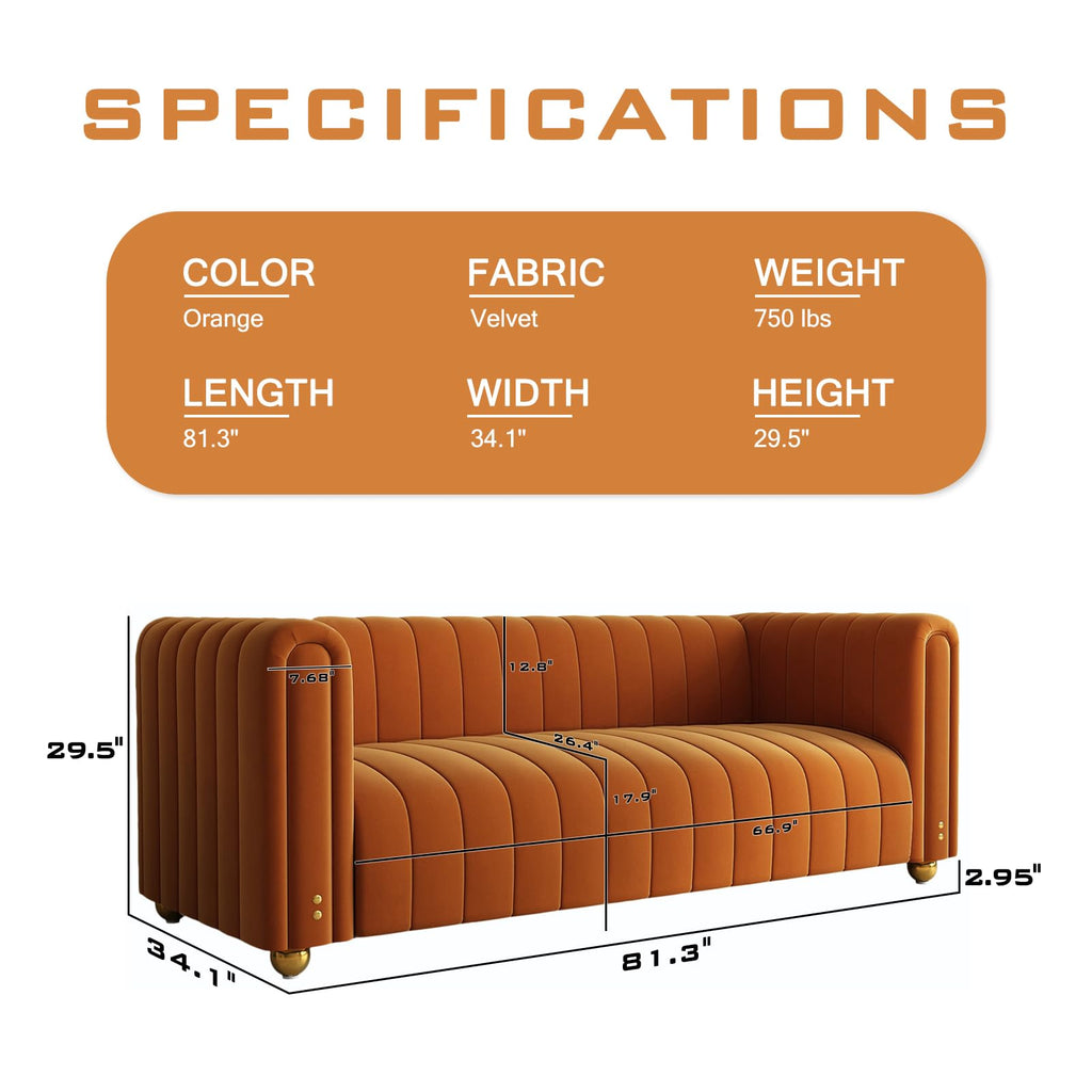 81" Orange Velvet Tufted Sofa 3 Seater with Metal Legs I76939