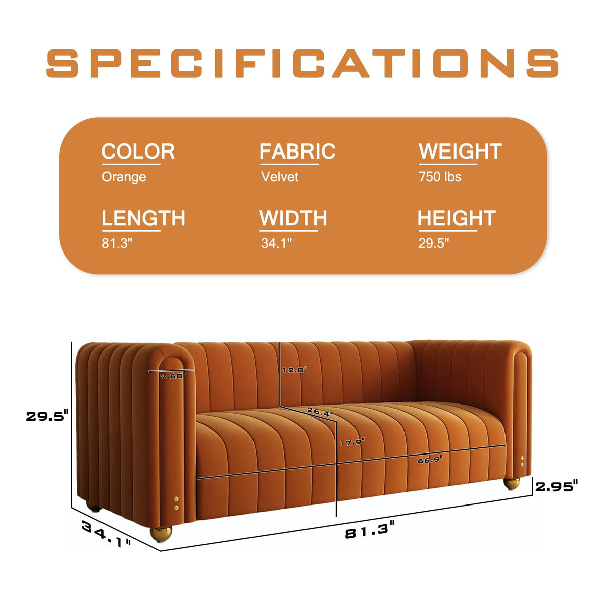 81" Orange Velvet Tufted Sofa 3 Seater with Metal Legs I76939