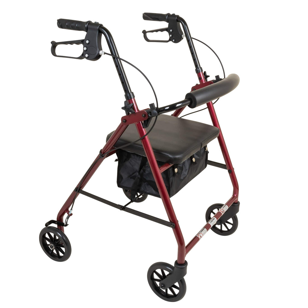 Aluminum Rollator Walker with Seat, 6-inch Wheels, Foldable, Burgundy E6531