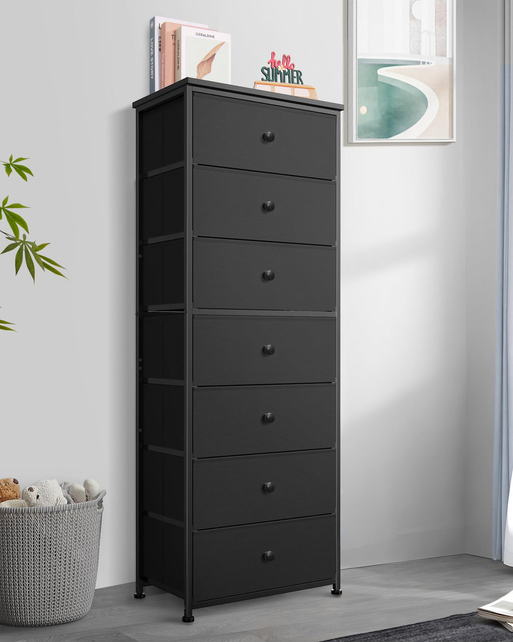 Tall Fabric 7 Drawer Dresser with Steel Frame Wood Top E2364