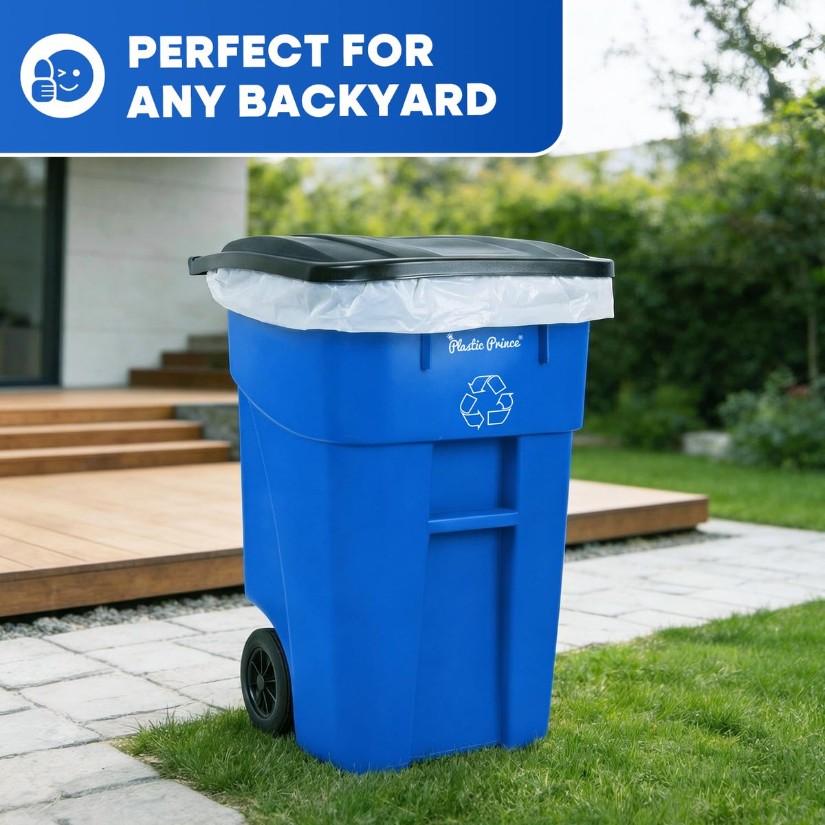 50 Gallon Blue Plastic Trash Can with Lid and Wheels C97492