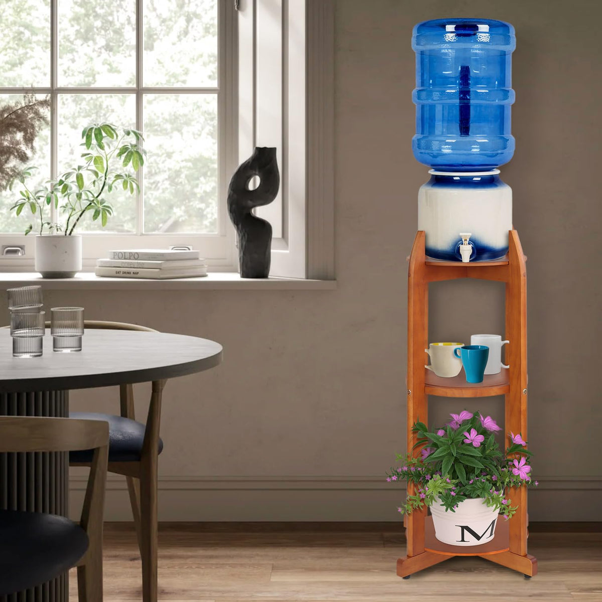 Solid Wood Water Dispenser Floor Stand with 3 Shelves Z18823