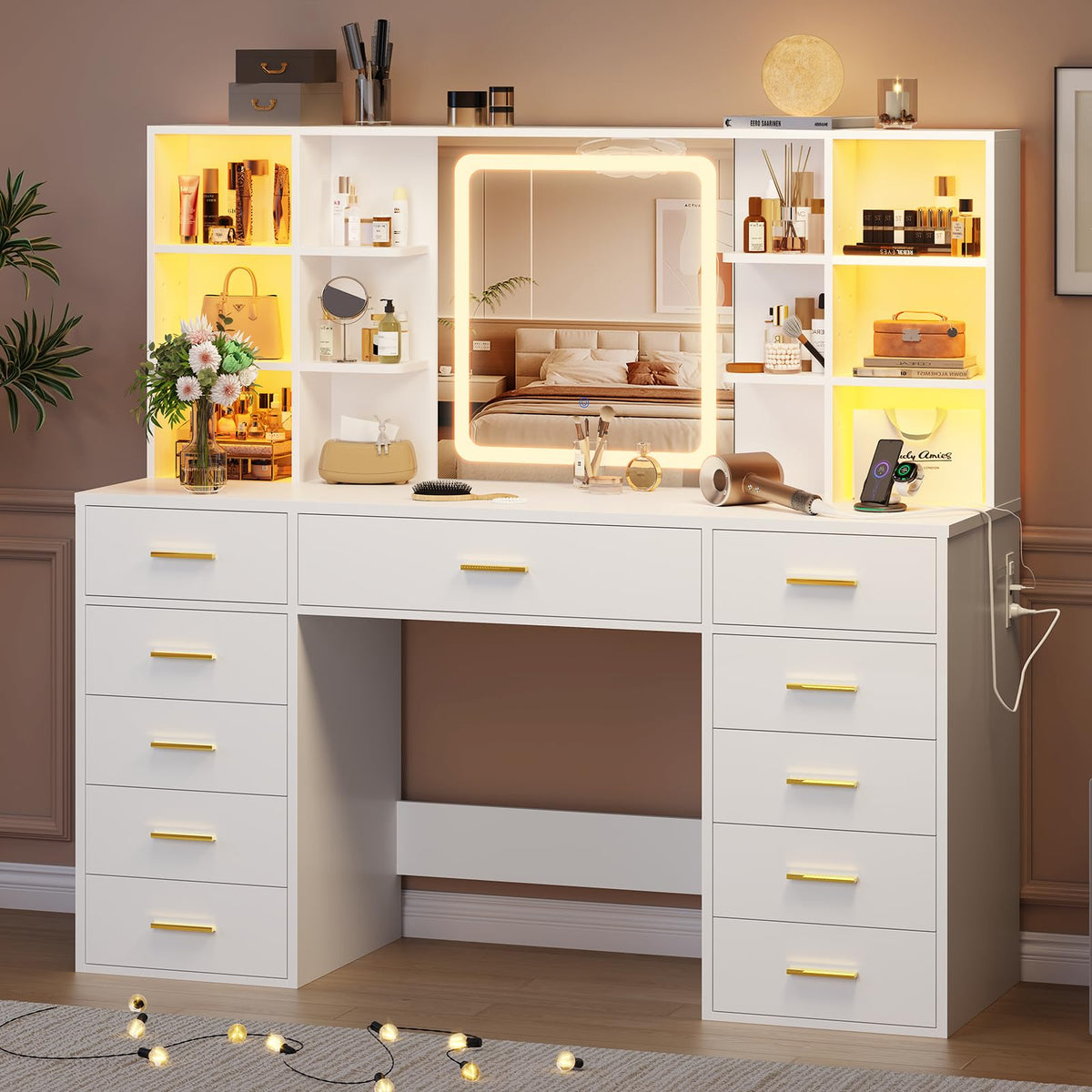 55" Extra-Wide White Makeup Vanity Desk with Lighted Mirror & 11 Drawers X7441