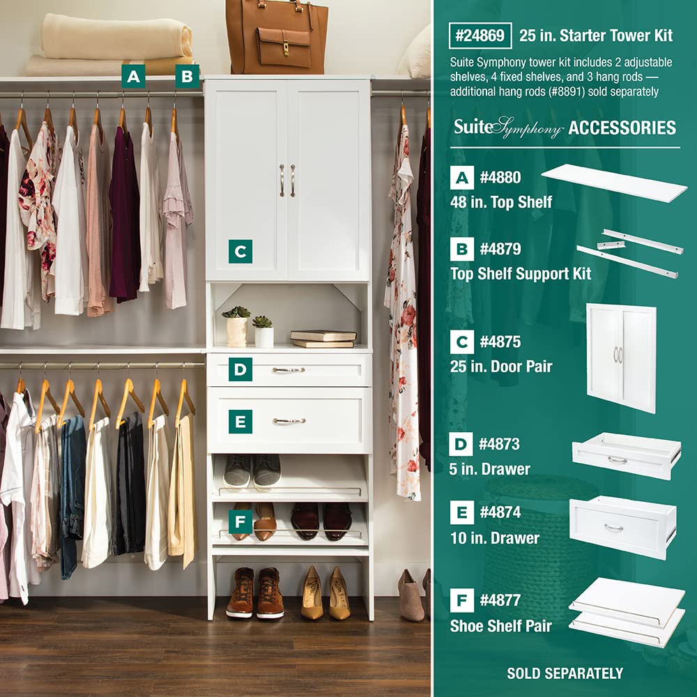 Wood Closet Organizer System with Tower and 3 Hang Rods and Shelving X307