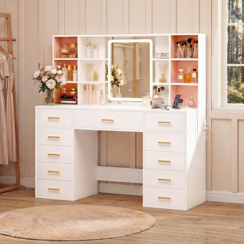 55" Extra-Wide White Makeup Vanity Desk with Lighted Mirror & 11 Drawers X7441