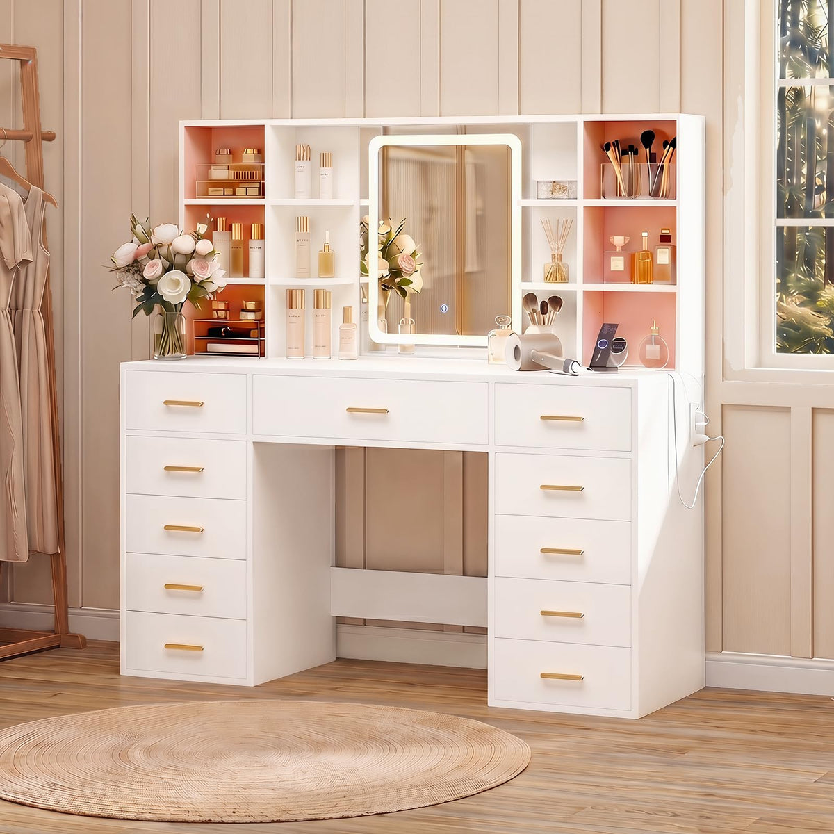 55" Extra-Wide White Makeup Vanity Desk with Lighted Mirror & 11 Drawers X7441