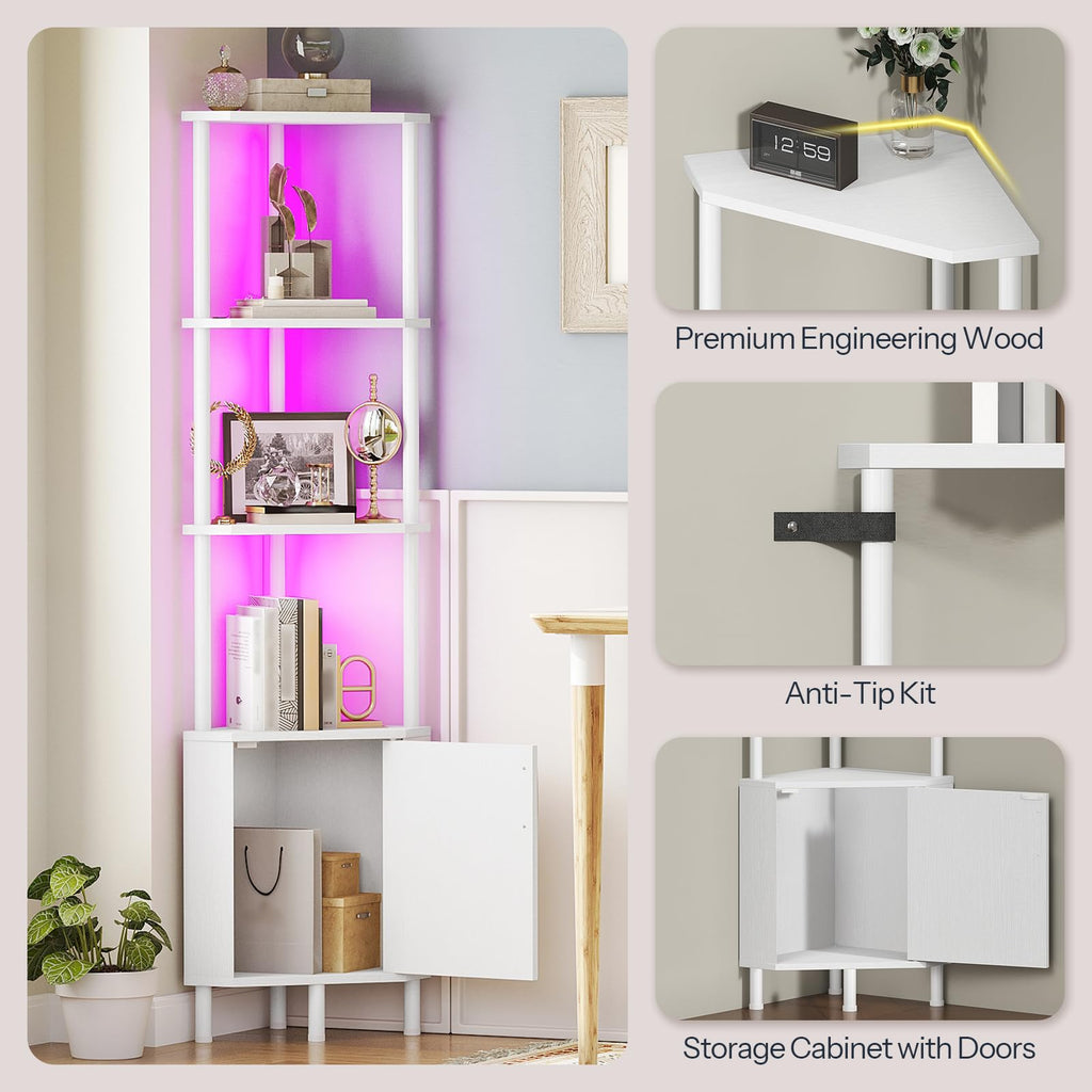 White 5-Tier Corner Cabinet with Doors T415