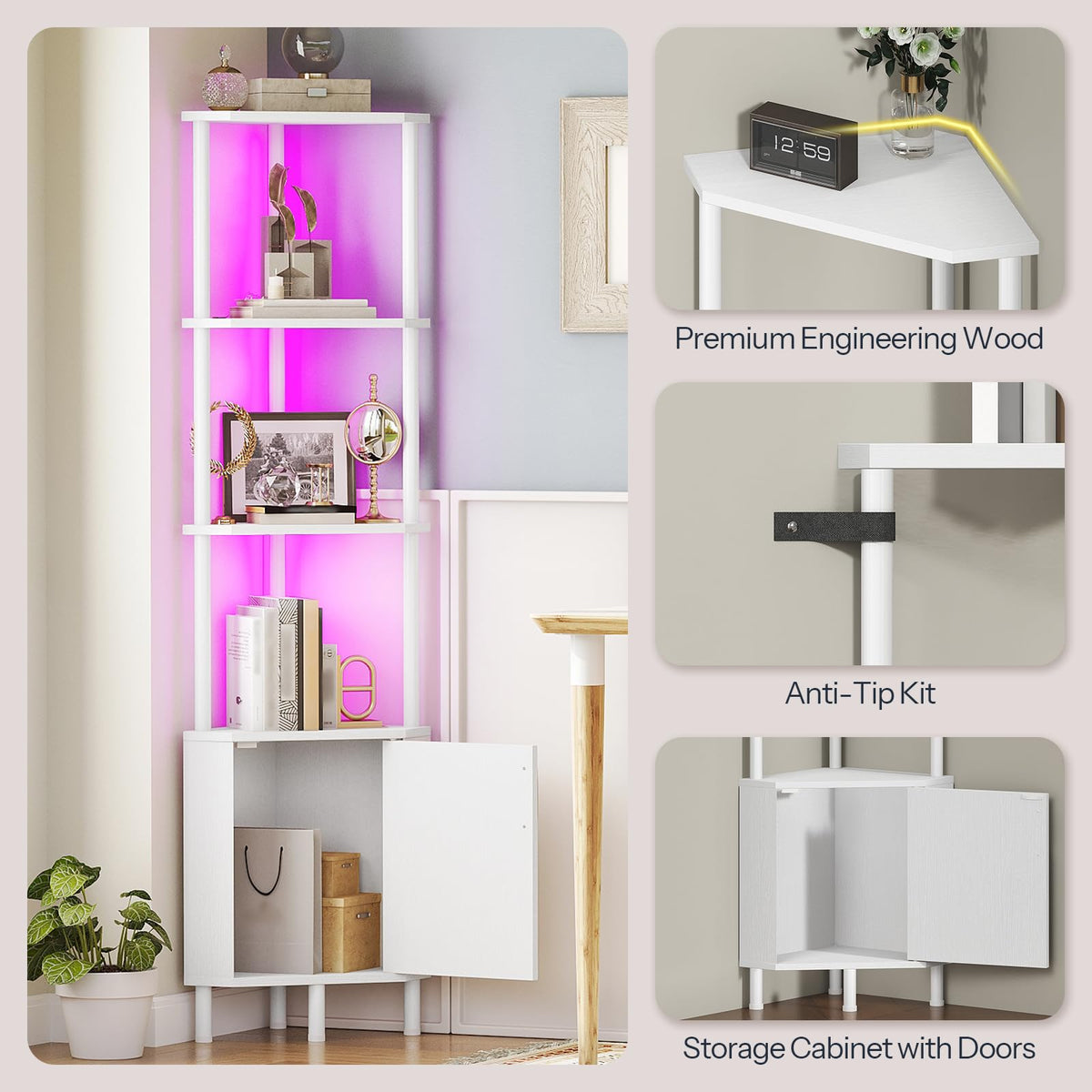 White 5-Tier Corner Cabinet with Doors T415
