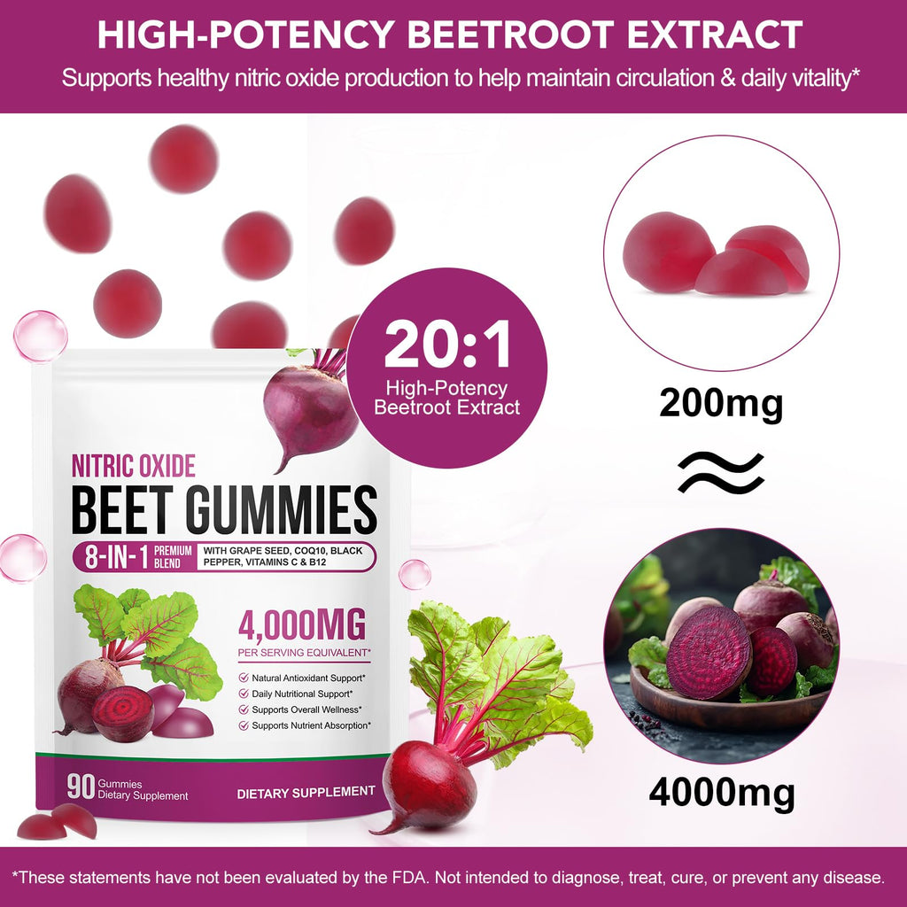 Beetroot Gummies 90 Gummies Beetroot Extract Supplement with COQ10 Vitamin C B12 Grape Seed Extract U547