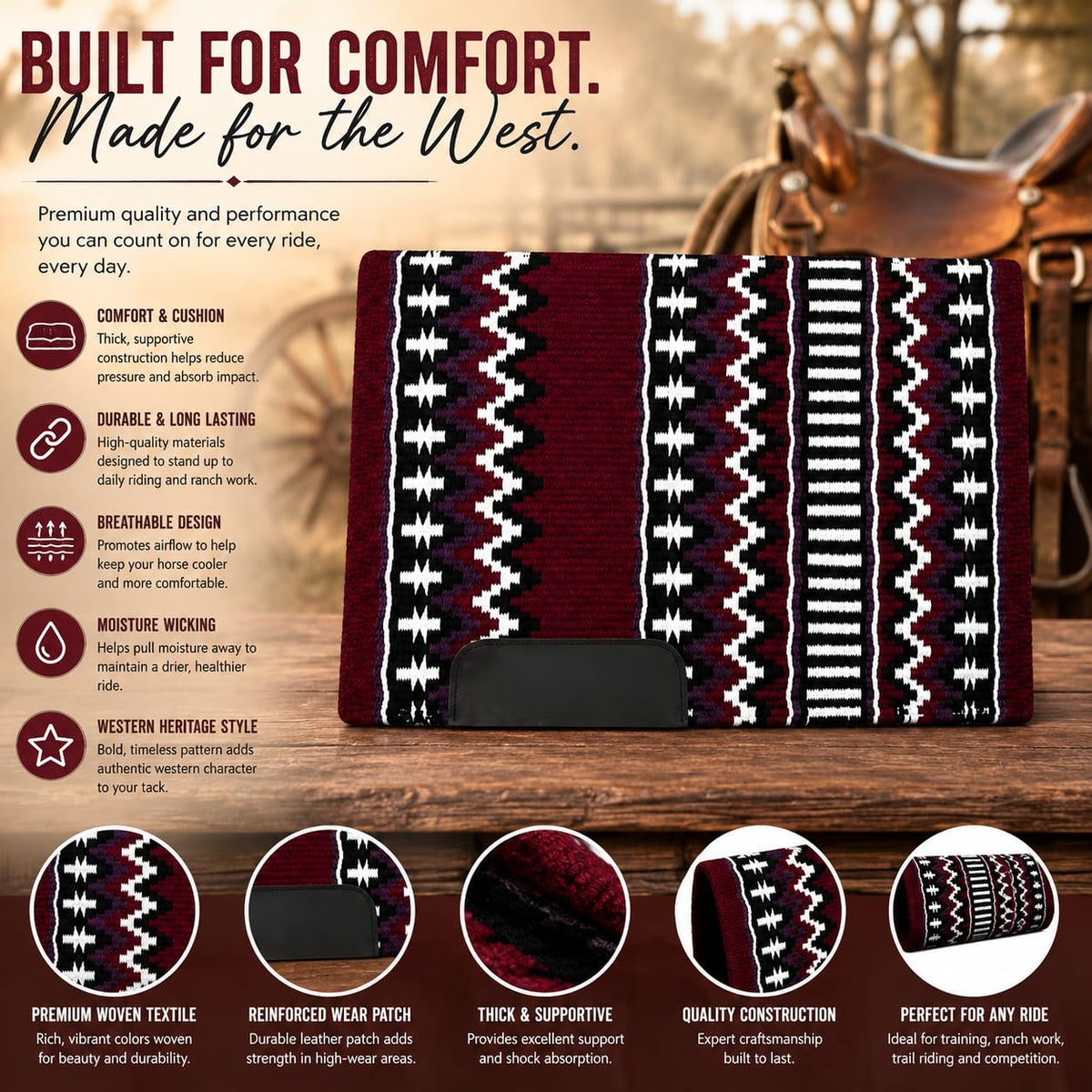 Burgundy Black White Tribal Horse Saddle Pad F885645