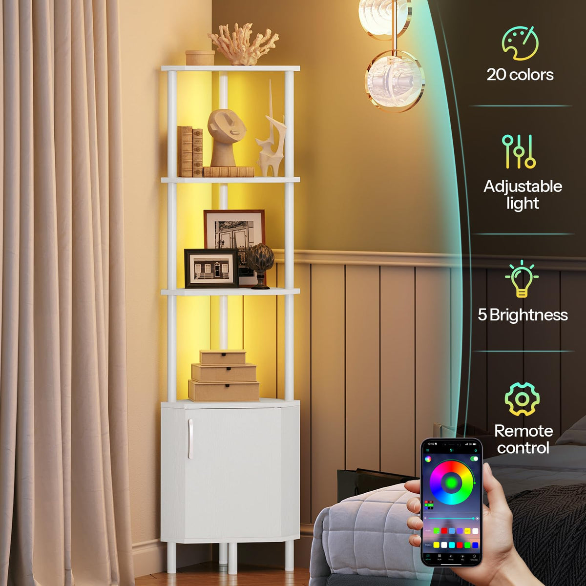 White 5-Tier Corner Cabinet with Doors T415