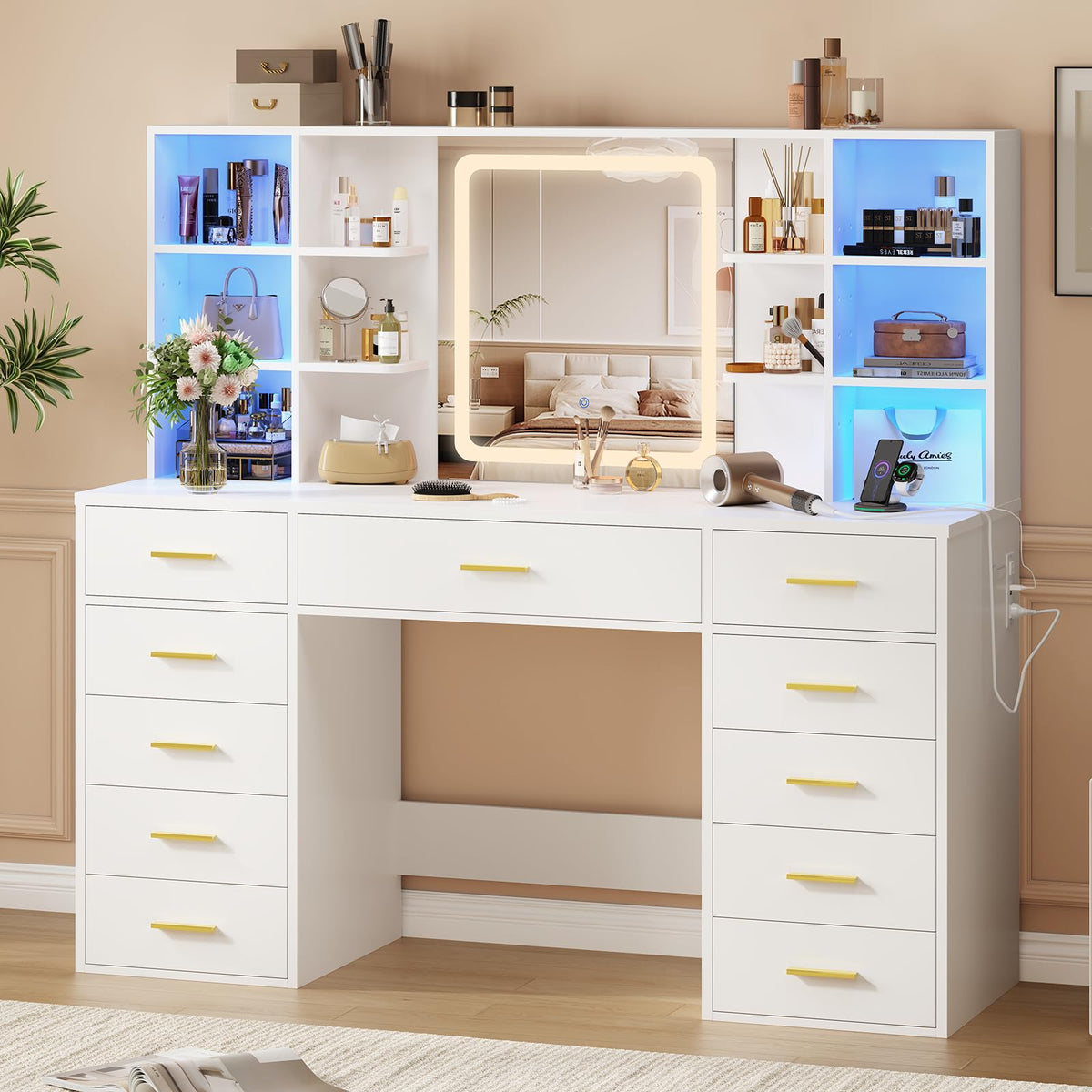55" Extra-Wide White Makeup Vanity Desk with Lighted Mirror & 11 Drawers X7441