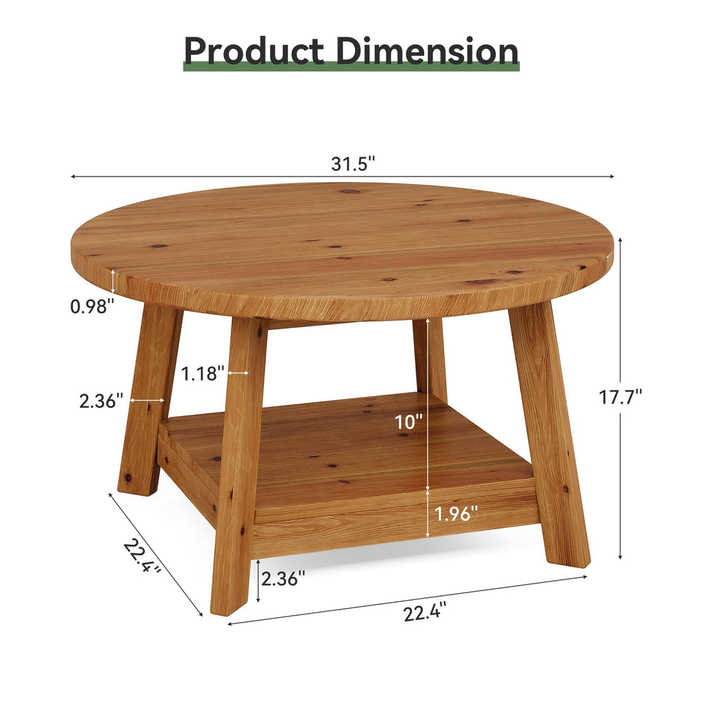 Solid Wood Round 2-Tier Coffee Table with Storage Shelf V428977