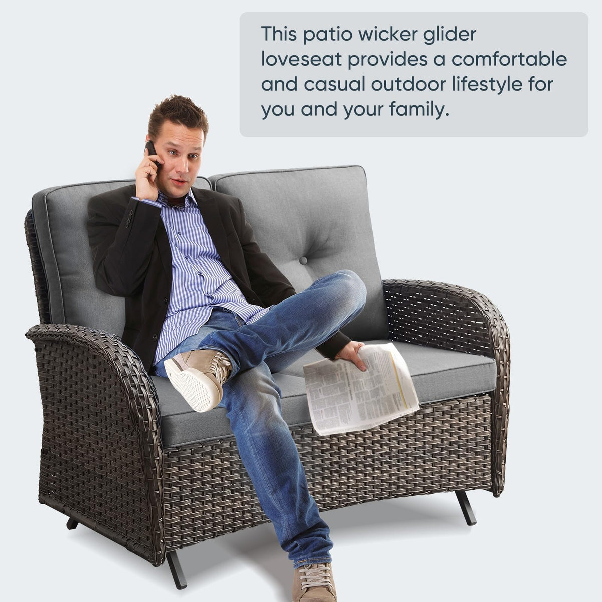 Brown 2 Seater Wicker Outdoor Glider Bench T6868