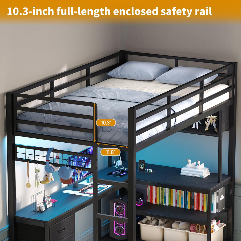 Twin Loft Bed with L-Shaped Desk and LED Lights O104