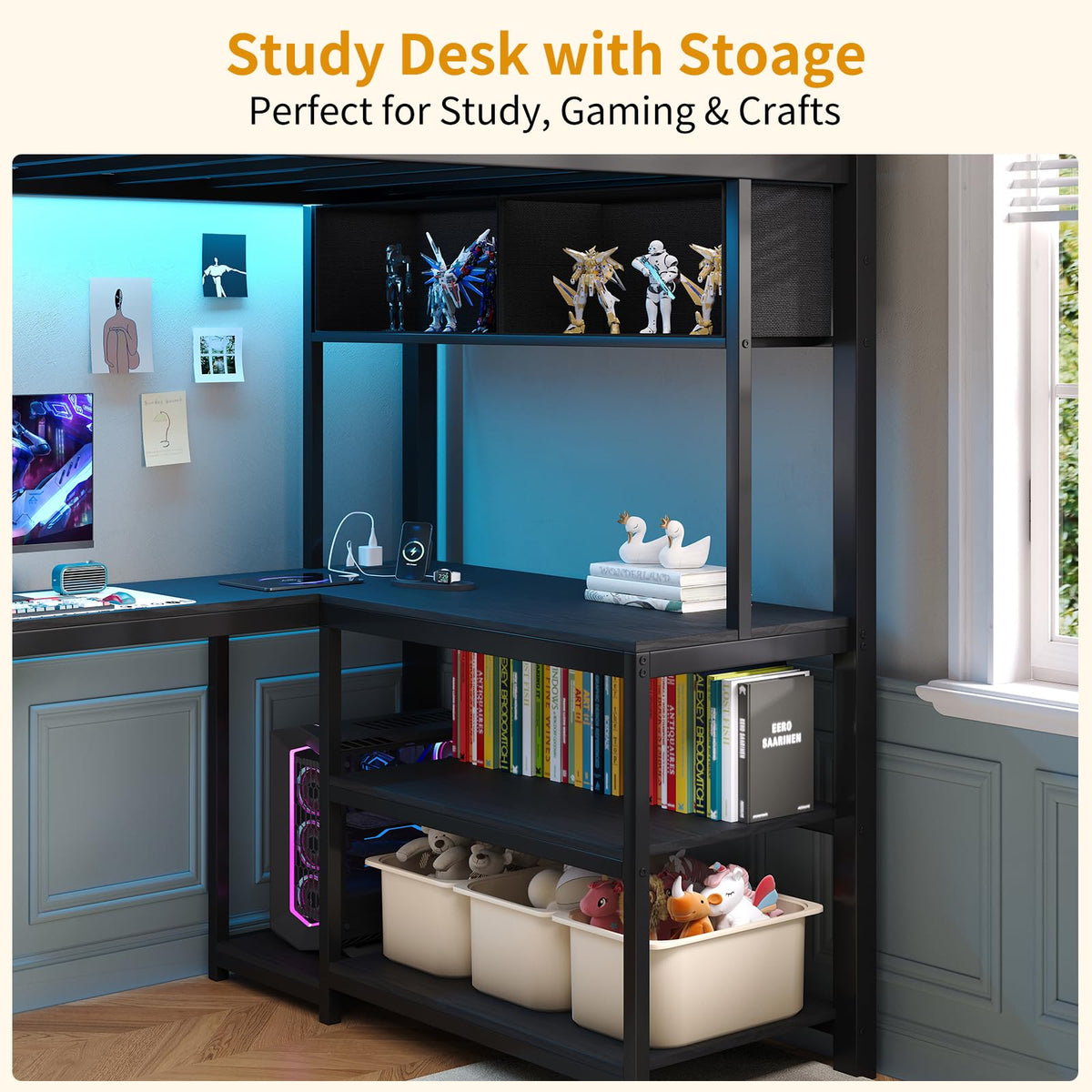 Twin Loft Bed with L-Shaped Desk and LED Lights O104