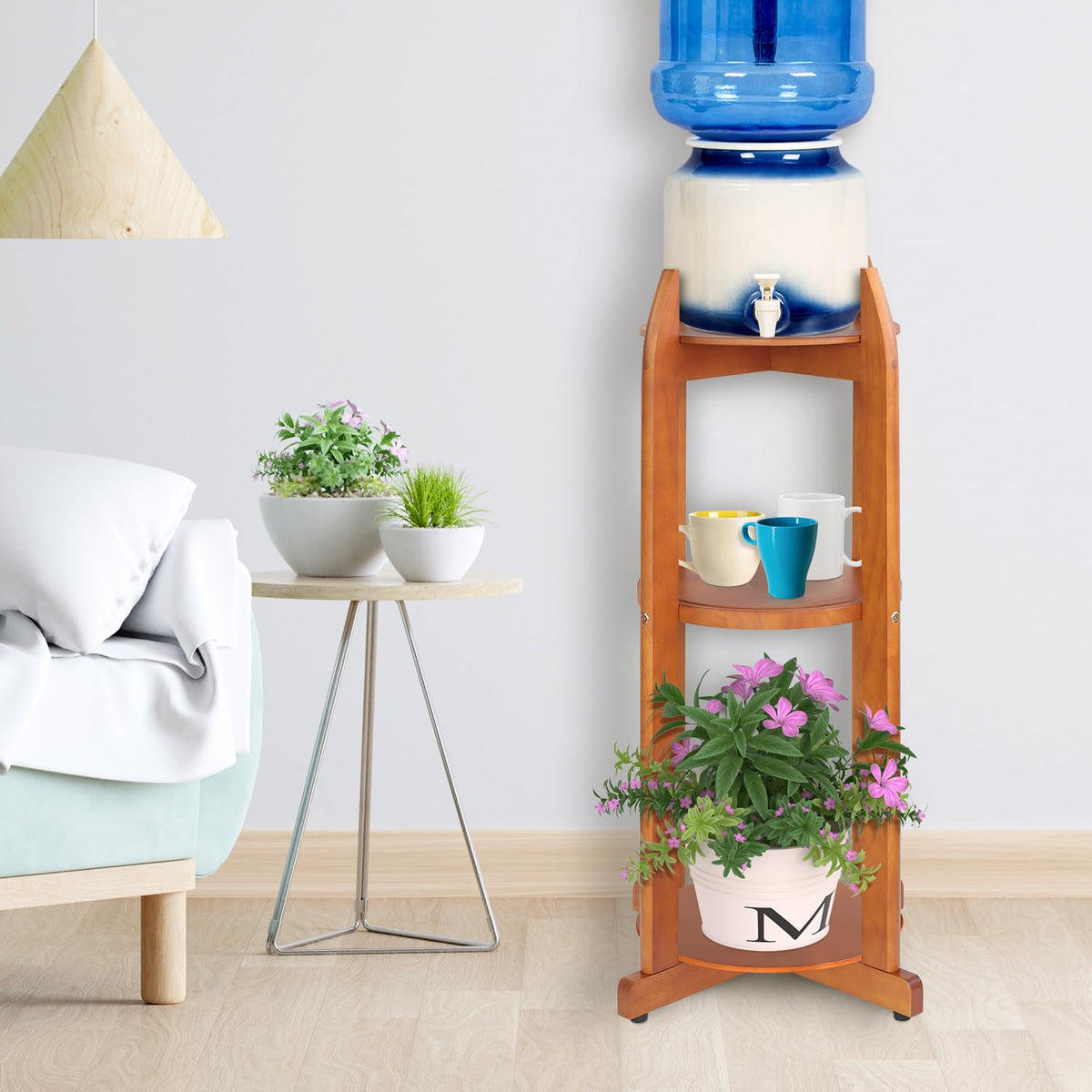 Solid Wood Water Dispenser Floor Stand with 3 Shelves Z18823