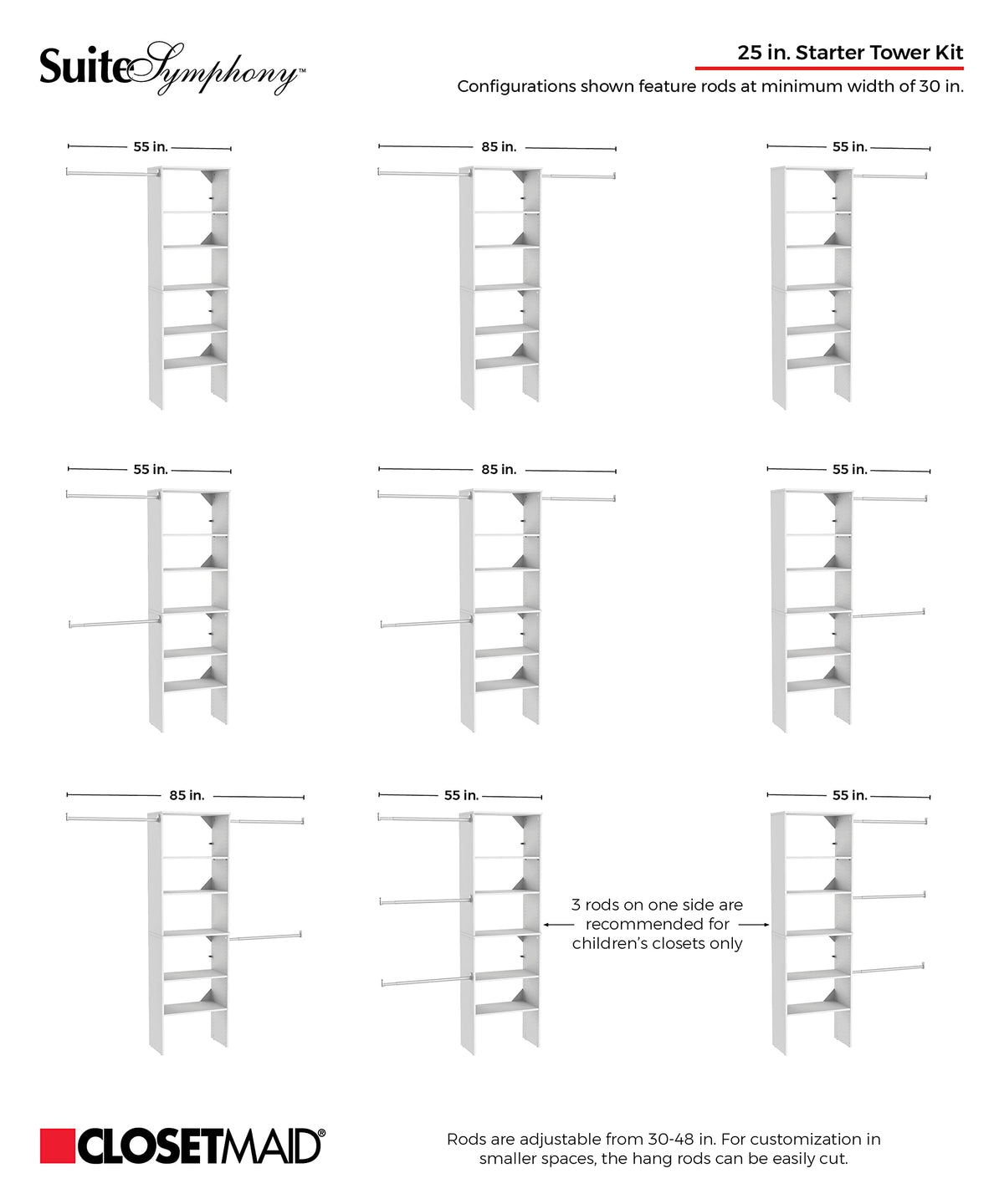 Wood Closet Organizer System with Tower and 3 Hang Rods and Shelving X307