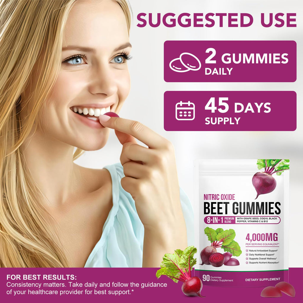 Beetroot Gummies 90 Gummies Beetroot Extract Supplement with COQ10 Vitamin C B12 Grape Seed Extract U547