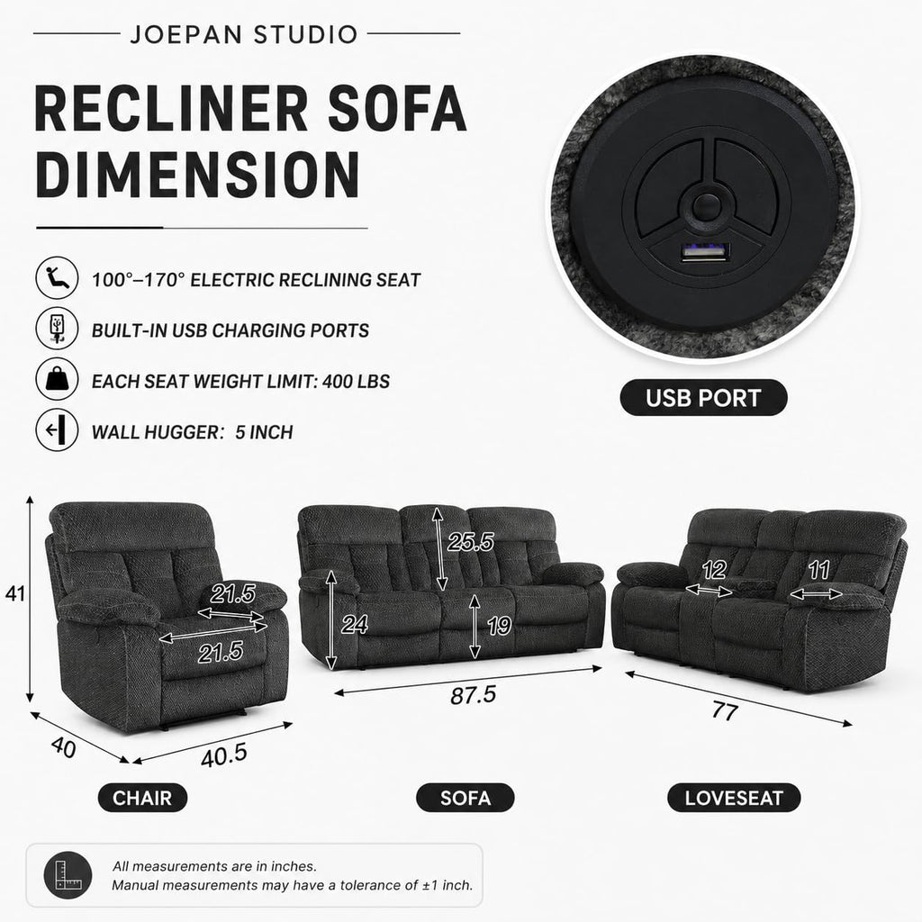 Gray Wool 3 Piece Power Reclining Sofa Set with USB Ports and LED Lights V472200