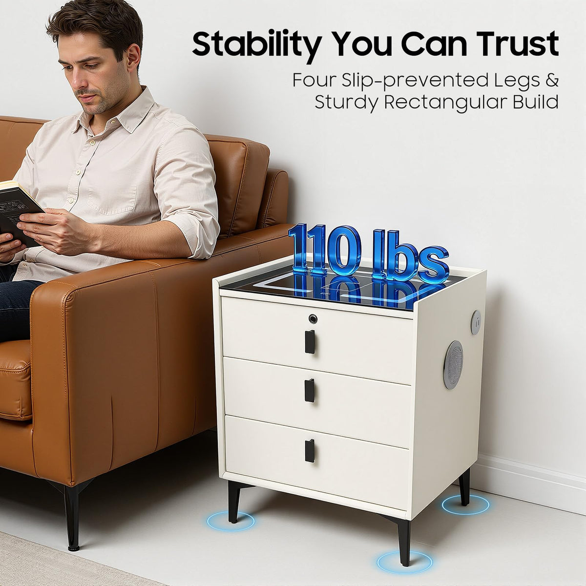 LED Nightstand with Charging Station and Drawers W7773