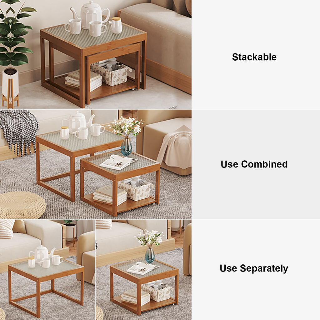 Set of 2 Square Glass Coffee Table with Bamboo Frame X473