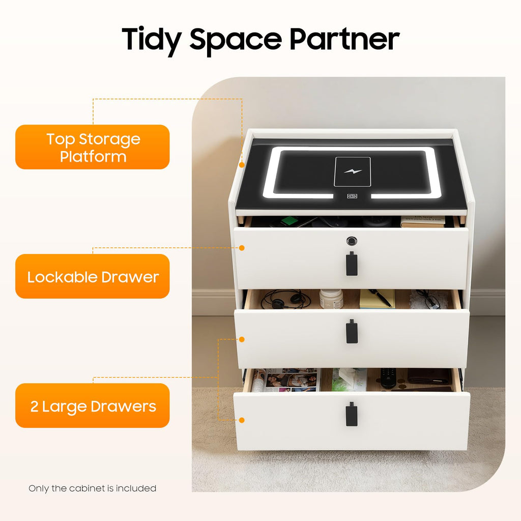 LED Nightstand with Charging Station and Drawers W7773