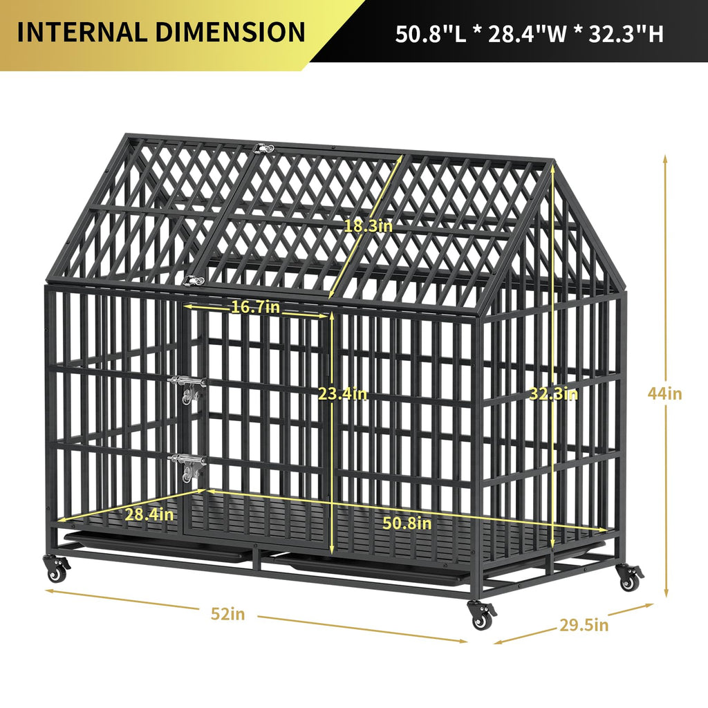 52 Inch Heavy Duty XXL Dog Crate with Open Roof Top, Trays and Wheels W9230