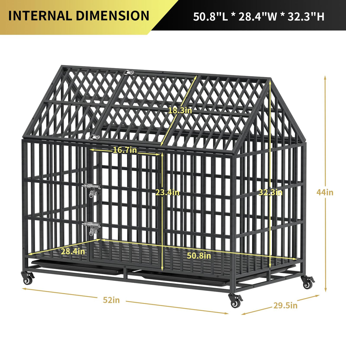 52 Inch Heavy Duty XXL Dog Crate with Open Roof Top, Trays and Wheels W9230