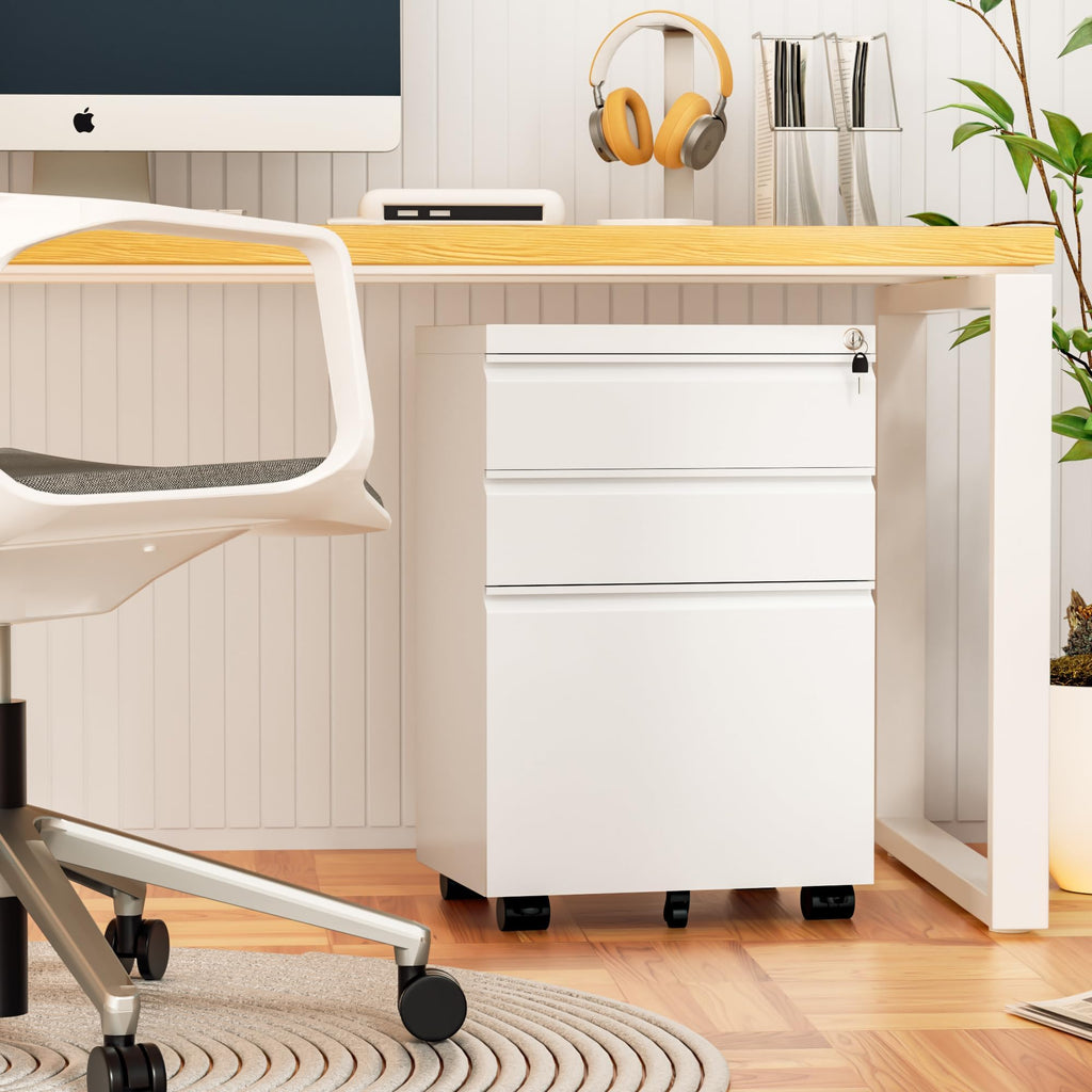 Fully Assembled 3 Drawer White Metal Rolling File Cabinet with Lock N74222