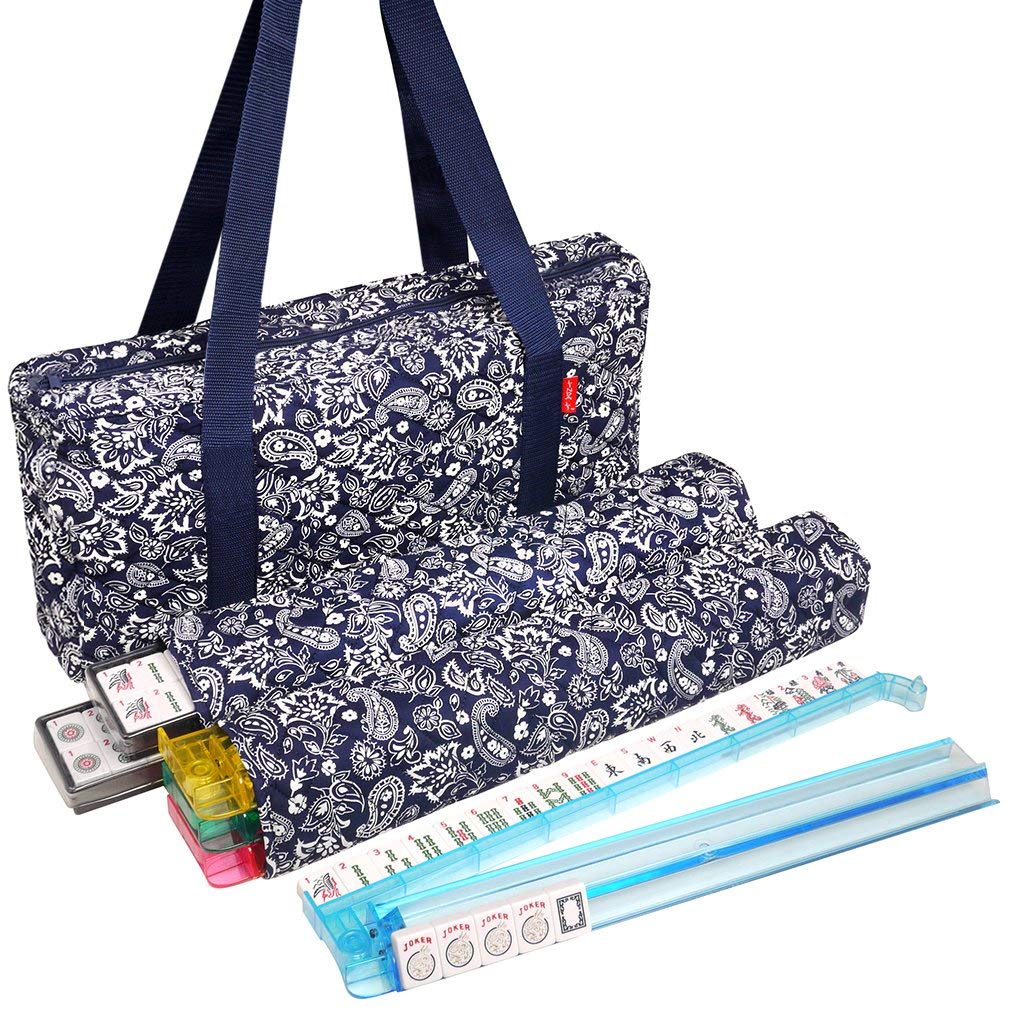 American Mahjong Set 166 White Tiles 4 All-in-One Rack/Pushers Blue Soft Bag H80535