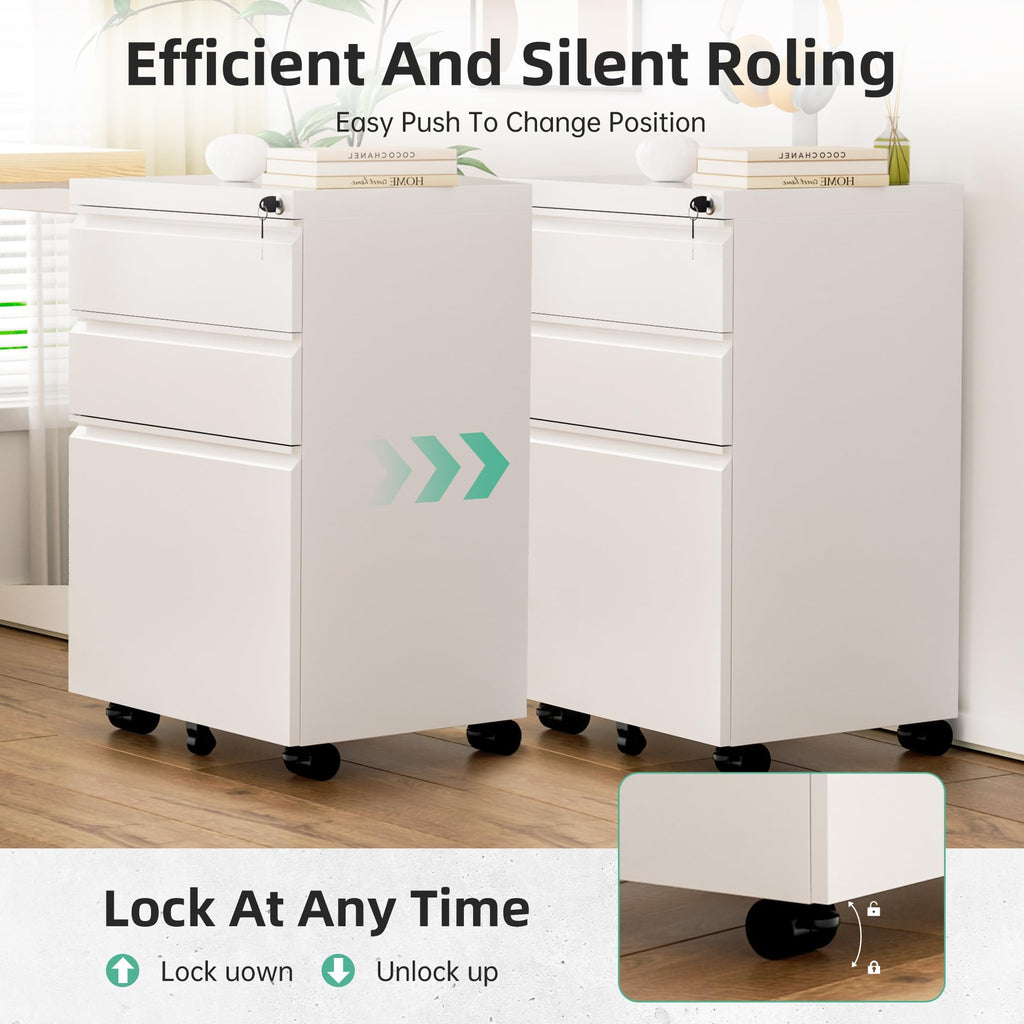 Fully Assembled 3 Drawer White Metal Rolling File Cabinet with Lock N74222
