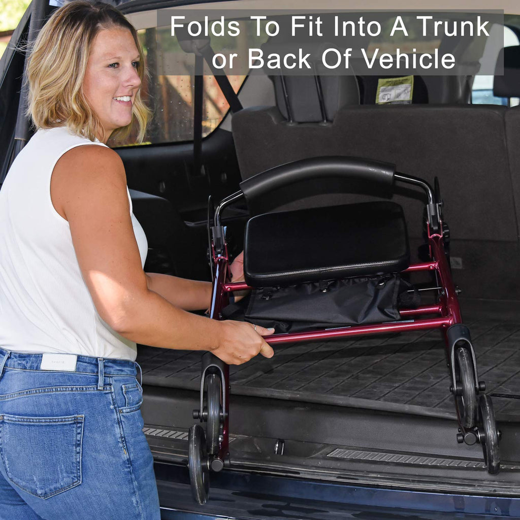 Aluminum Rollator Walker with Seat, 6-inch Wheels, Foldable, Burgundy E6531