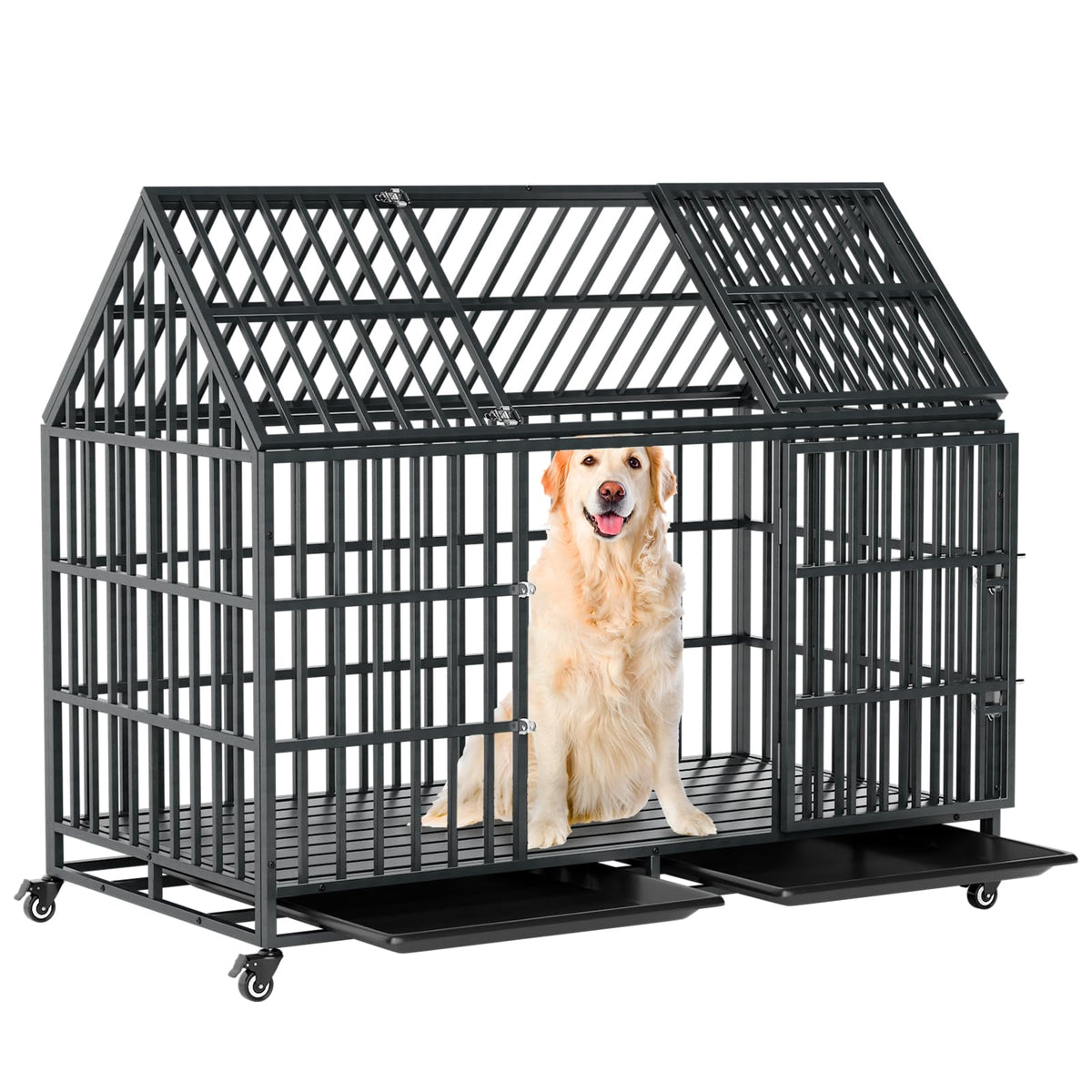 52 Inch Heavy Duty XXL Dog Crate with Open Roof Top, Trays and Wheels W9230