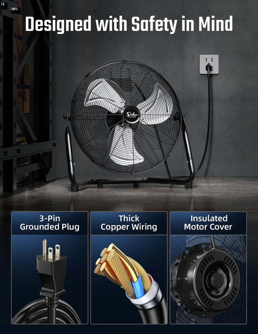 18 Inch 3-Speed High Velocity Metal Industrial Floor Fans Black 2 Pack N328