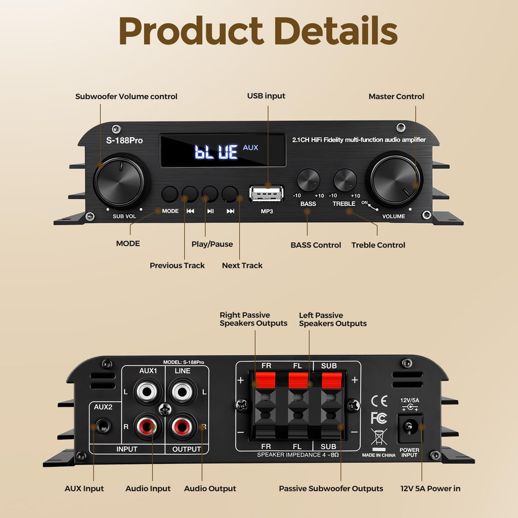 2.1 Channel Stereo Audio Amplifier Bluetooth 5.0 with Remote R179