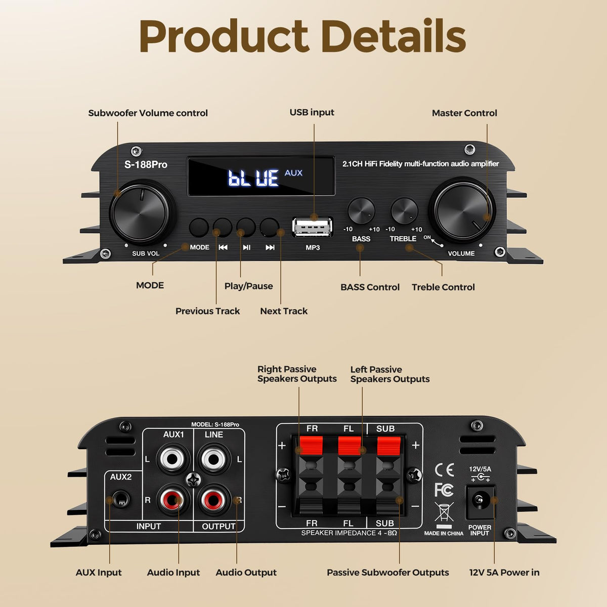 2.1 Channel Stereo Audio Amplifier Bluetooth 5.0 with Remote R179