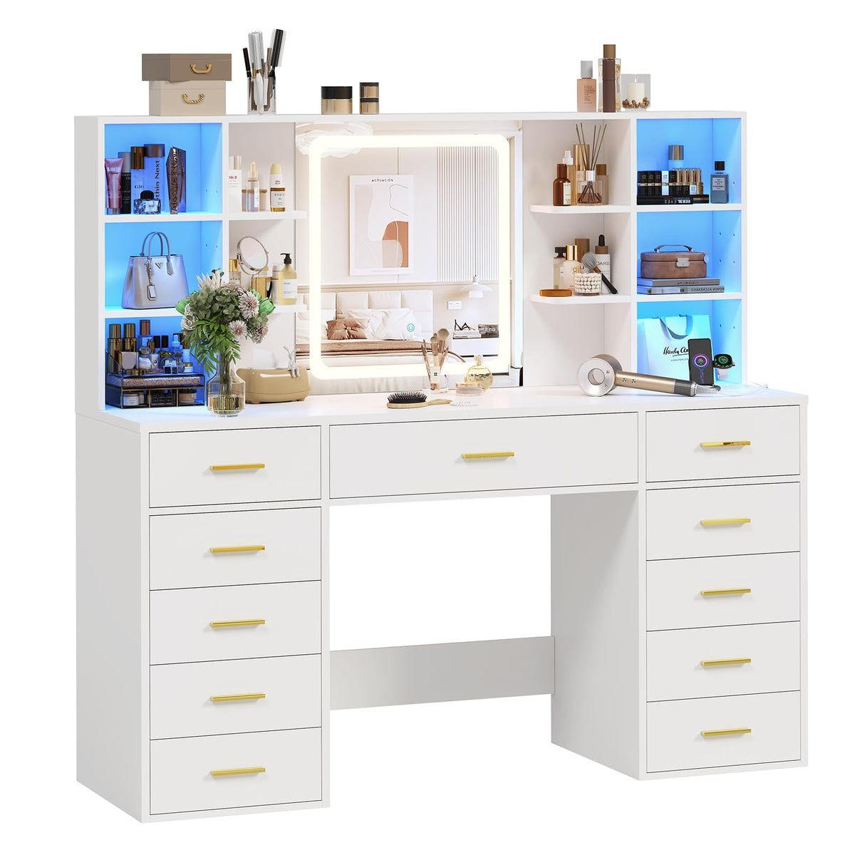 55" Extra-Wide White Makeup Vanity Desk with Lighted Mirror & 11 Drawers X7441
