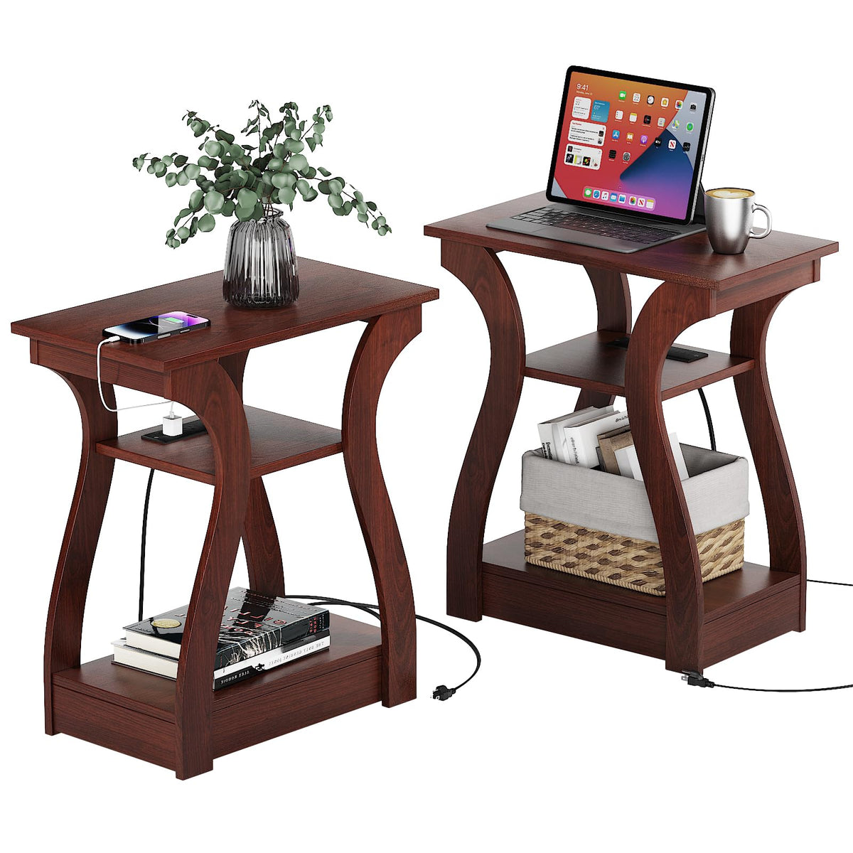 Cherry End Tables Set of 2 with Charging Station R22378
