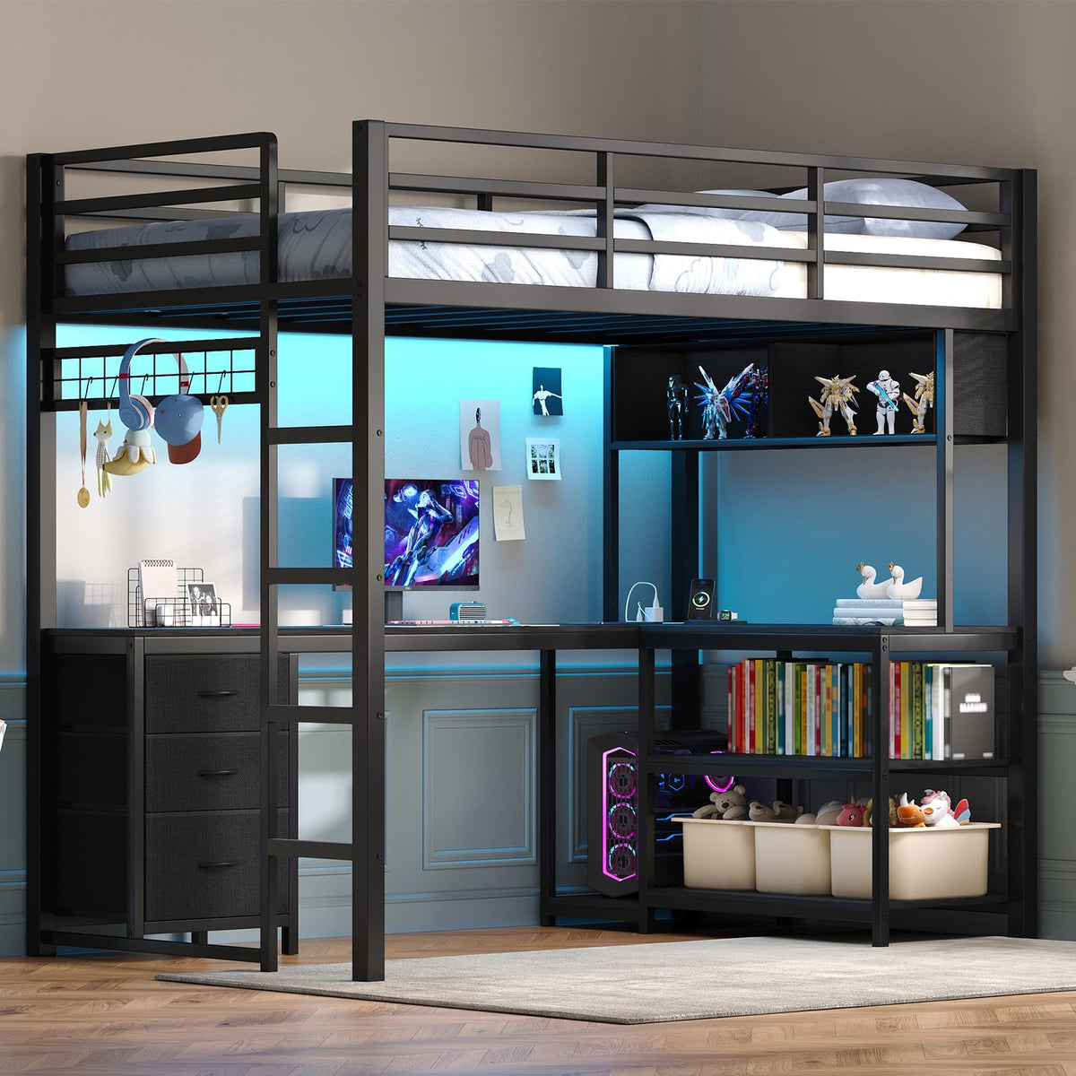 Twin Loft Bed with L-Shaped Desk and LED Lights O104