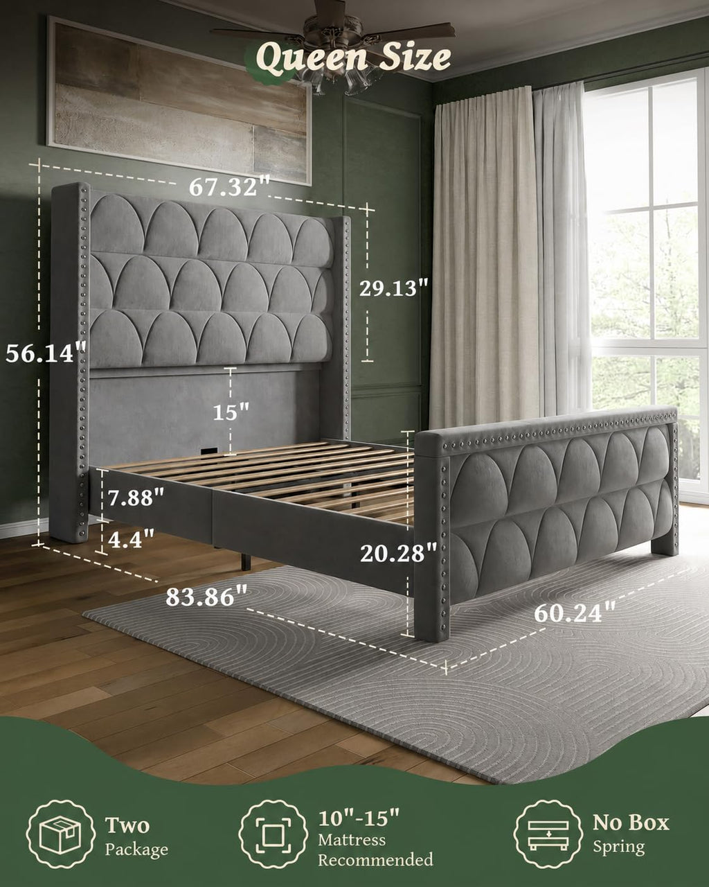 Queen Size Velvet Upholstered Platform Bed Frame X3083